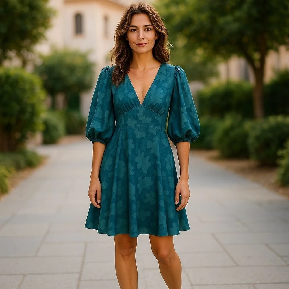 Anthropologie Jacquard Tunic Dress Green Teal Puff Sleeve Size 2P - Picture 1 of 11